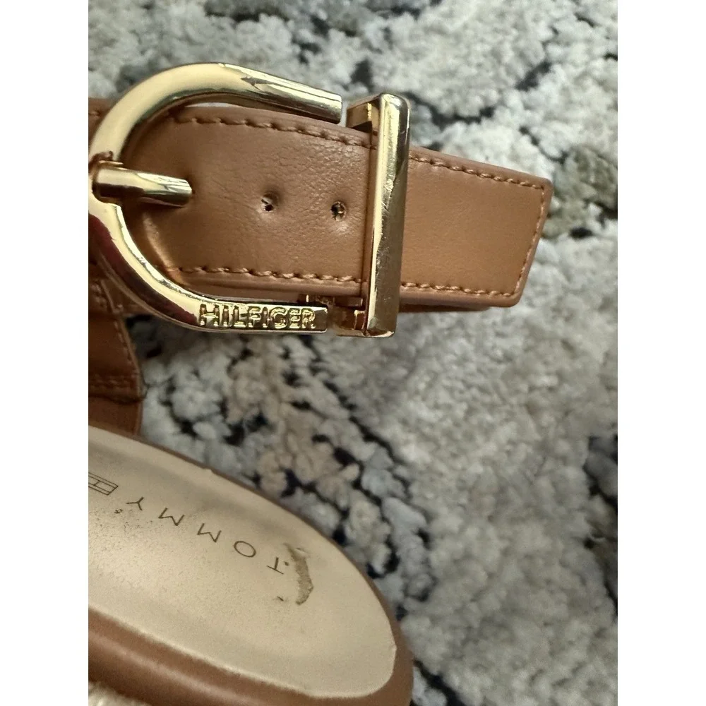 Tommy Hilfiger Espadrille Wedge Sandals 6.5 Brown Logo  Platform Ankle Strap